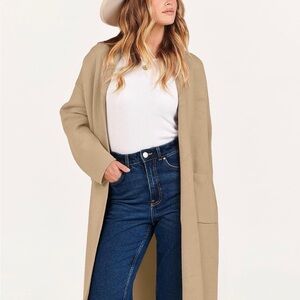 Open-Front Long Cardigan with Front Pockets in Beige Size M